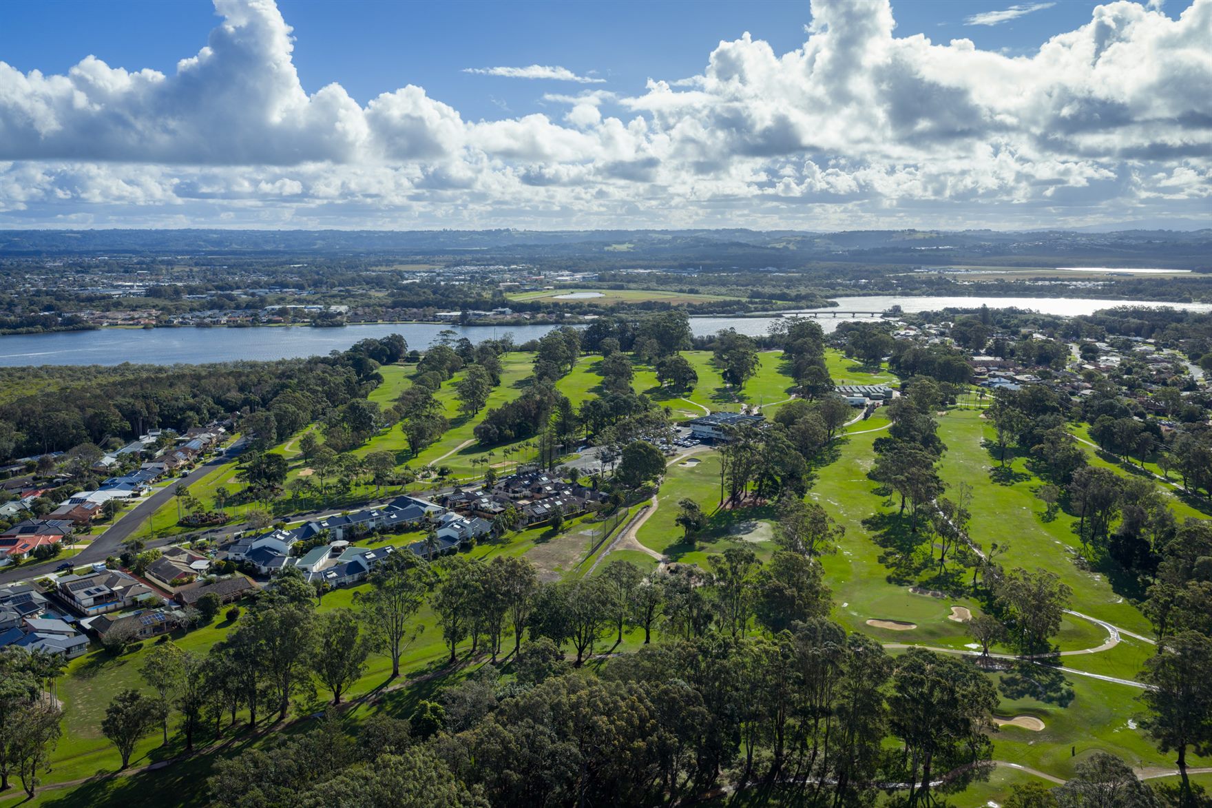 Aerial view of Ballina Golf & Sports Club fairways and the river